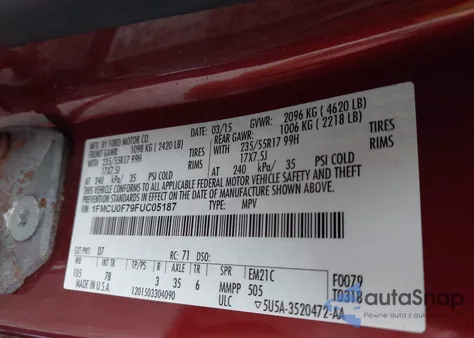 2015 Ford Escape S из США, поврежденный, VIN 1FMCU0F79FUC05187